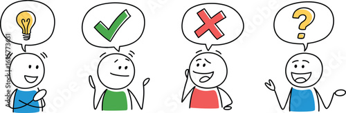 Stick figure cartoon characters with idea bulb, check mark, cross, and question mark icons, doodle style business communication symbols