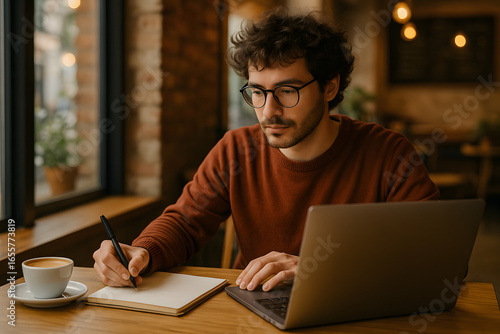 Focused Writer: A focused individual, working diligently at a cafe table, illuminated by natural light, engrossed in his work with a pen and notebook alongside a laptop and a warm cup of coffee.