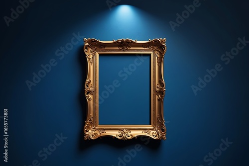 Ornate golden picture frame spotlighted on a deep blue wall