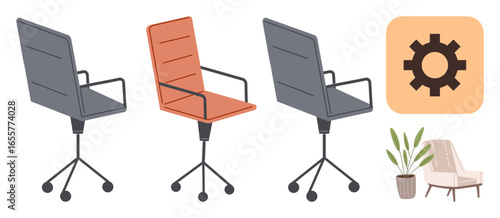 Various swivel office chairs, a gear icon symbolizing setup or configuration, a lounge chair, and potted plant. Ideal for workspace design, comfort, ergonomics, furniture setup, interior planning