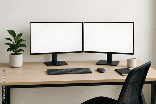 Modern workspace setup with dual monitors: A sleek workspace showcases two bright, blank computer screens set against a soft background. The scene is completed with a keyboard, mouse, plant, and mug.