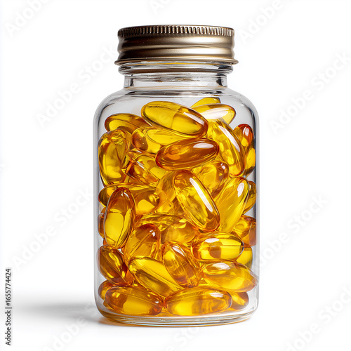 Clear glass bottle of vitamin capsules