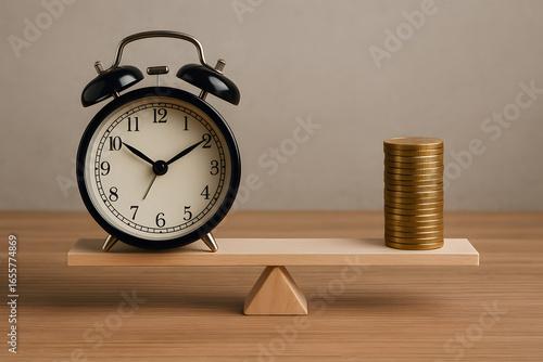Time vs. Money: An alarm clock and a stack of coins on a scale symbolize the interplay between time and money in the pursuit of success.