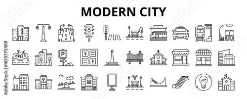 30 Modern City Line Icons Vector - Skyscraper, Cafe, Office, Hospital, Escalator, University