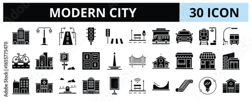 30 Modern City Glyph Icons Vector - Skyscraper, Cafe, Office, Hospital, Escalator, University