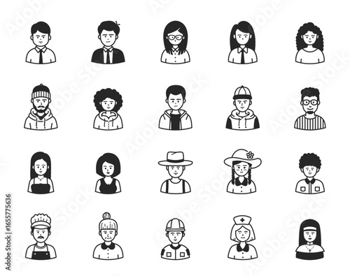 Portraits of people black outline stroke. Vector pictures of persons of different occupation and genders.	
