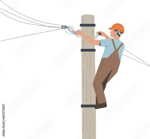 Vector illustration of electrician lineman climbing utility pole, repairing electrical wires, power line maintenance, safety helmet, professional worker design