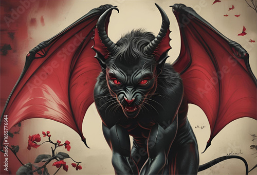 Gargoyle demon wings red eyes fantasy creature gothic art illustration