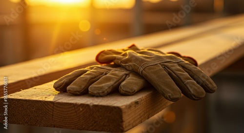 Work Gloves on Lumber at Sunset, Construction Site Safety Gear