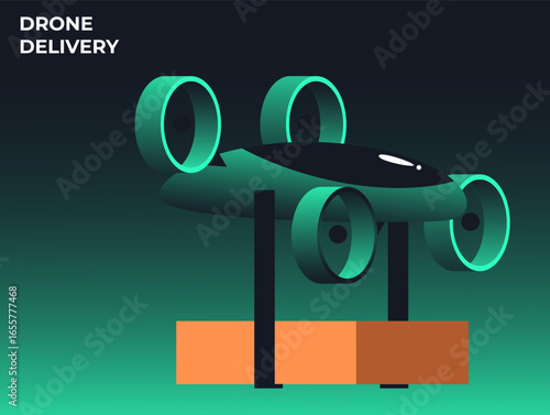 Autonomous robot delivering goods to customers. AI Drone delivery box. Flat vector illustration.