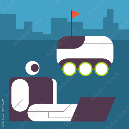 Autonomous robot delivering goods to customers and delivery tracking app on laptop and ai robot. Flat vector illustration.