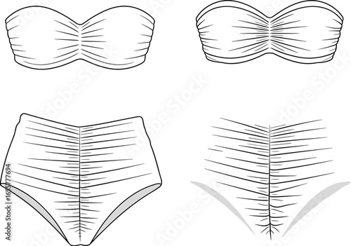 Women bikini design, ruched swimwear flat sketch, two piece fashion cad drawing, garment vector template, lingerie blueprint, beachwear illustration, summer outfit