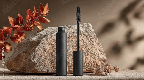 Black mascara tube and wand on stone