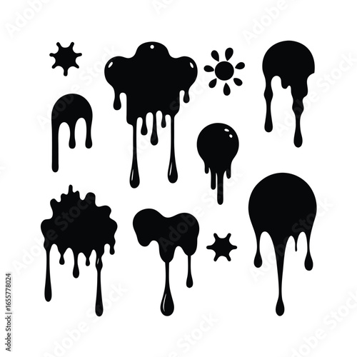Collection of Detailed Black Ink Splashes and Drips