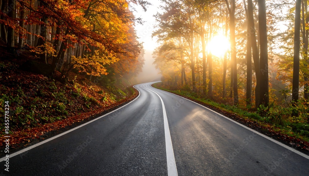 Fototapeta premium Winding road through autumnal forest at sunrise, mist clinging to trees