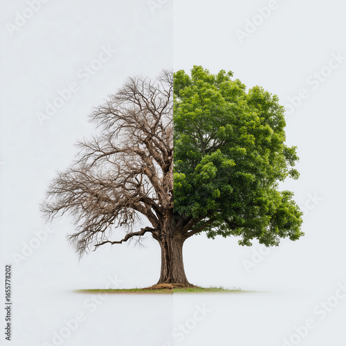 Split representation of a barren tree and a vibrant tree illustrating the stark contrast between lifelessness and vitality in nature's cycles throughout the seasons of life