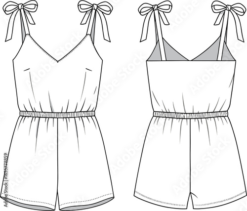 Fashion flat sketch of women’s romper with shoulder tie straps and elastic waist, CAD drawing vector illustration for apparel design
