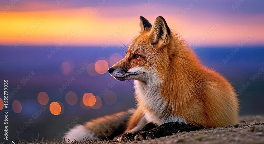Fototapeta premium Ethereal fox with beautiful smooth fur in a stunning sunset gradient
