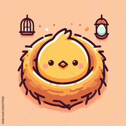 flat illustration of a baby bird in a cage