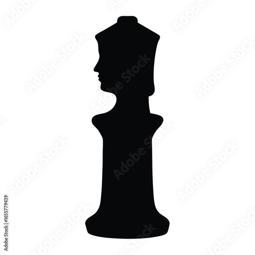 Silhouette of chess queen piece isolated on white-Black silhouette of a chess queen piece with profile detail, symbolizing strategy, leadership, intelligence, power, competition, and board game design