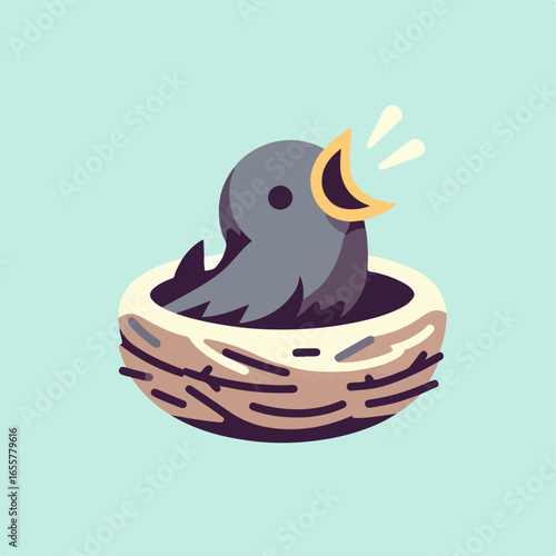 flat illustration of a baby bird in a cage