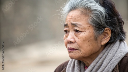 Pensive Elderly Asian Woman with a Worried and Sad Expression Outdoors