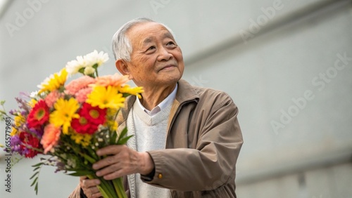 Hopeful Senior Asian Man Holding a Beautiful Bouquet of Colorful Flowers