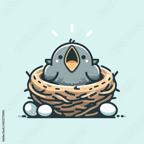flat illustration of a baby bird in a cage
