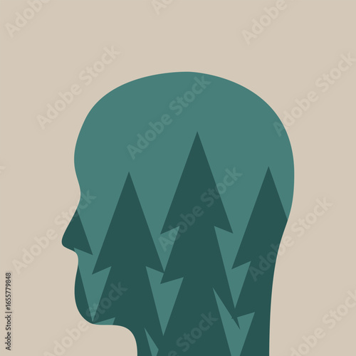 Wellness in nature abstract silhouette. People engaging in digital detox, forest bathing, and enjoying urban green spaces for mental health. Flat Vector illustration.