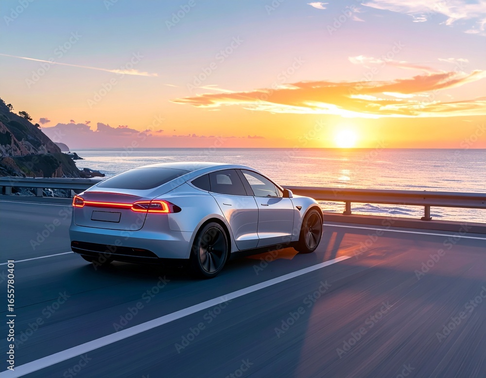 Fototapeta premium A sleek electric car driving on a coastal highway at sunset, ocean views and motion blur, modern and eco-friendly, ultra-detailed, 4K resolution