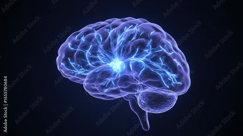 Glowing Human Brain Illustration - Futuristic Neurology - A side view of a translucent human brain with glowing blue neural pathways, set against a dark background. Glowing Human Brain Illustration - Futuristic Neurology - A side view of a translucent human brain with glowing blue neural pathways, set against a dark background.