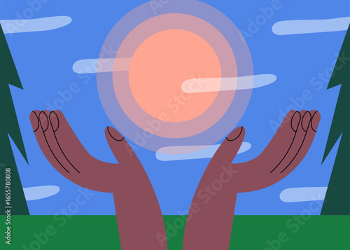 Wellness in nature. Black People hands engaging in digital detox, forest bathing, and enjoying urban green spaces for mental health. Flat Vector illustration.
