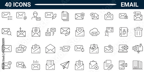 Email line icon set. Includes E-mail and Letter Linear Icons, Including mail, envelope, email, postal, letter sent, inbox, new mail. Editable stroke. Vector illustration