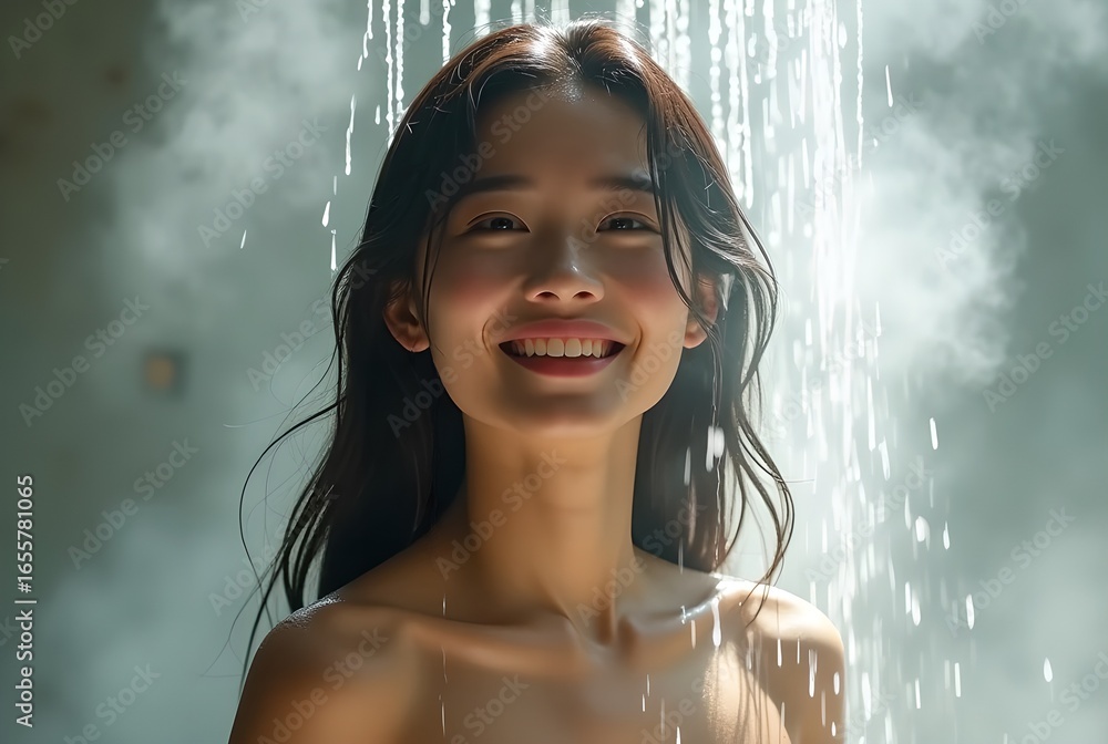 Obraz premium 少し上を向いた笑顔の女性が浴室でシャワーを浴びてリラックスする