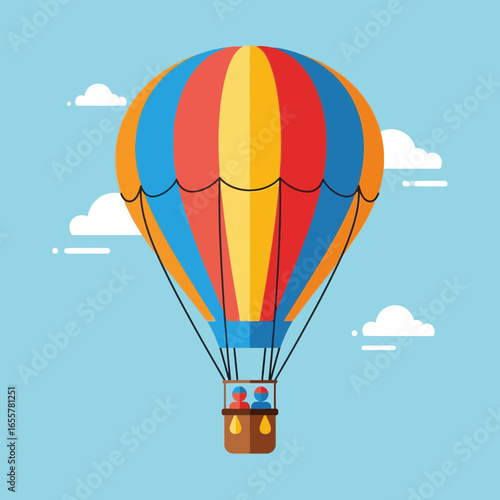 Colorful hot air balloon floats in a blue sky with white clouds.