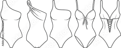 Women swimsuit design, one piece swimwear flat sketch, fashion cad drawing, garment vector template, clothing blueprint, lingerie illustration, beachwear fashion pattern