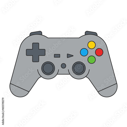 Gray game controller with colorful buttons on a white background.