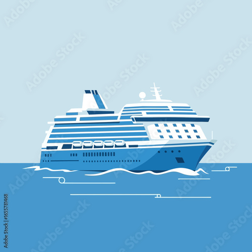 A blue cruise ship sails on the ocean under a light blue sky.