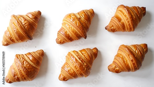 Overhead flat lay of six perfectly baked golden, flaky croissants symmetrically arranged on a clean white background.