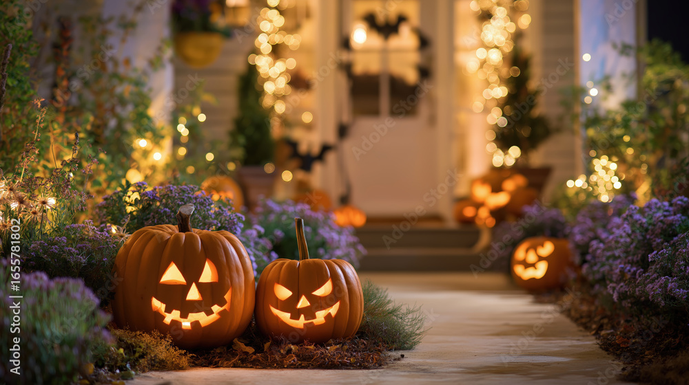 Obraz premium Festive Halloween outdoor scene featuring glowing pumpkins jack-o'-lanterns autumn decorations spooky lights and vibrant seasonal landscape for celebration