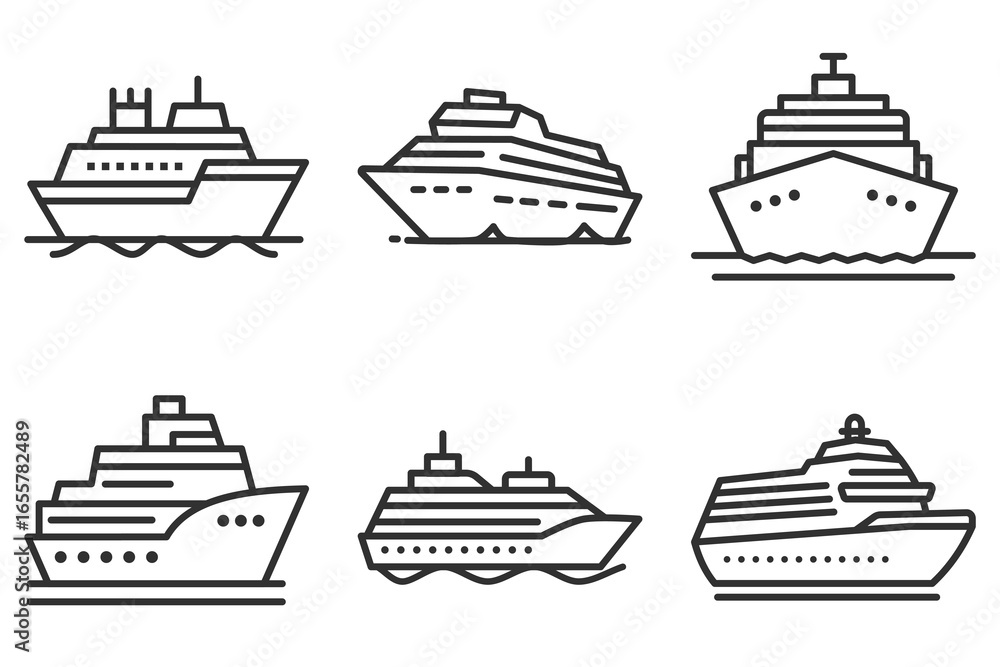 Obraz premium Collection of cruise ship line icons isolated on white background for travel and transportation