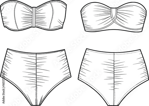 Women's bikini and high-waist swimsuit CAD flat sketch, vector fashion design template, technical drawing for lingerie or beachwear apparel