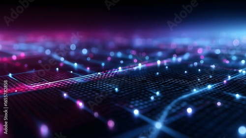 Futuristic digital mesh background with cool blue and purple neon glow, smooth metallic reflections, depth of field blur, and central grid symmetry, perfect for technology designs and presentations.