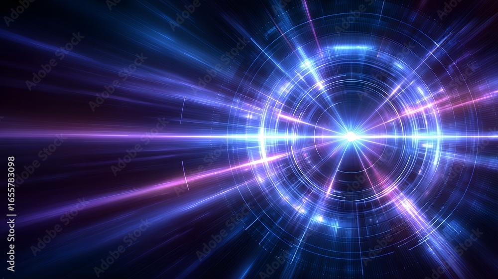 Obraz premium Futuristic cyber tech abstract background with neon blue and purple radial light burst, metallic surfaces, subtle digital noise, and central radial symmetry, ideal for banners and technology designs.
