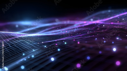 Futuristic digital mesh background glowing with blue and purple neon light, smooth metallic reflections, symmetrical grid and wide negative space, perfect for technology and presentation designs.