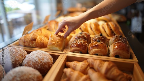 A hand selecting a warm golden pastry from an inviting wooden display of assorted baked goods in a bakery.