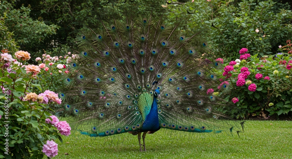 Obraz premium A peacock spreading its vibrant tail feathers in a lush garden