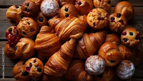 Overhead close-up of a delightful full frame assortment of golden croissants, berry muffins, and sweet pastries.