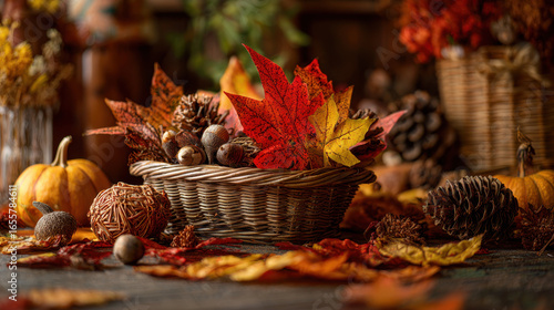 Autumn leaves and pumpkins create a warm and cozy Thanksgiving scene.