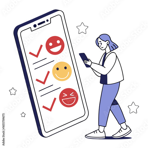 Cartoon woman using smartphone to give feedback on a survey with emojis, ticks and stars, descriptive title
